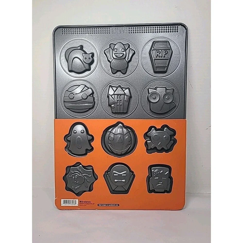 Bradshaw Halloween 12 Cavity Cookie Mold Pan, Cat Mummy Owl Bat Baking Tray